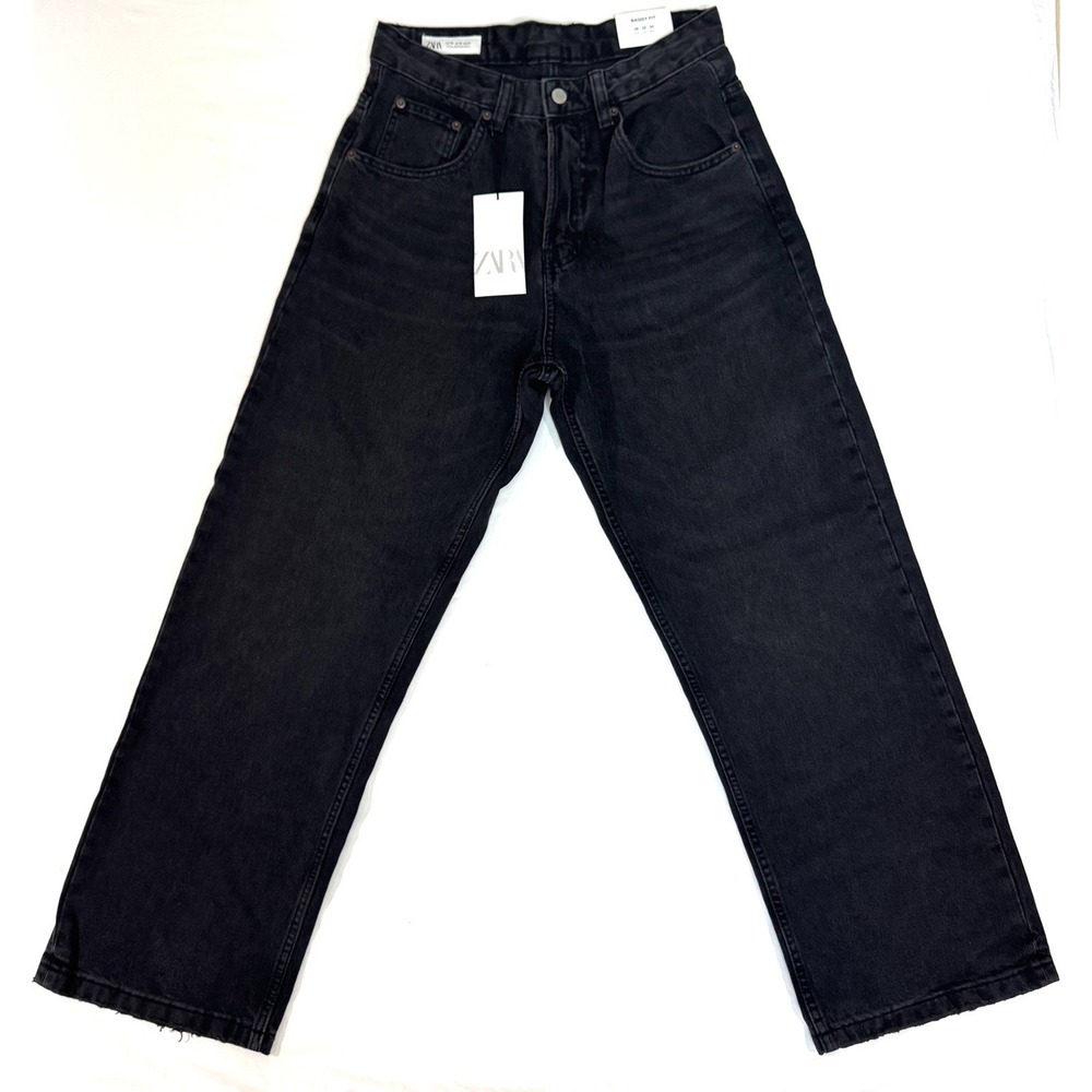 ZARA Baggy Fit Mid Waist Baggy Thigh Dropped Crotch Straight Leg Black Jeans NEW